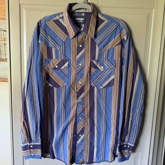 Wrangler Vintage Western Plaid Single Stitch Snap LS Shirt,Blue Brown,M - Picture 1 of 13
